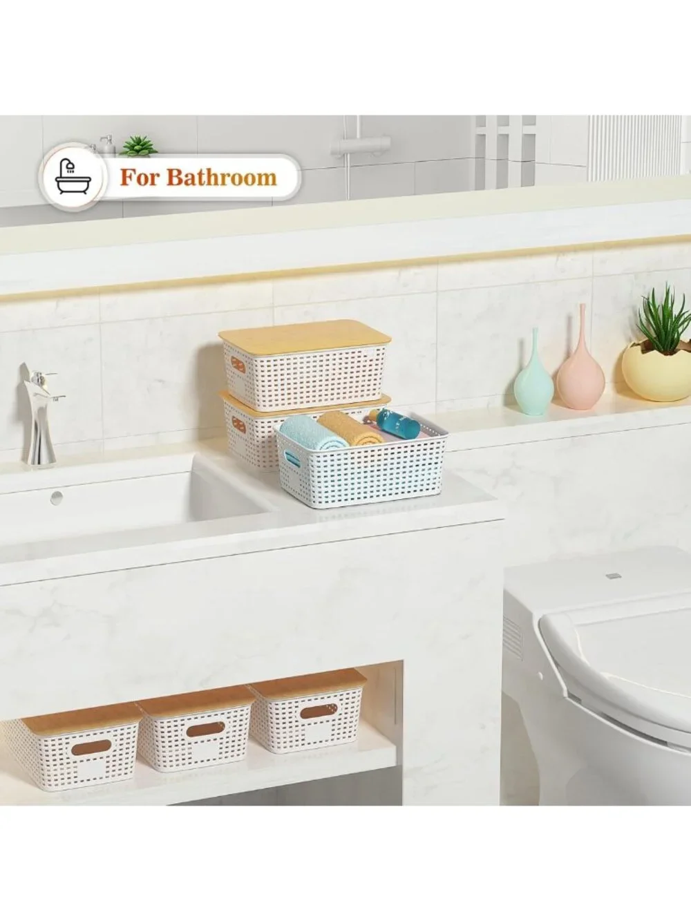 Stackable Plastic Storage Baskets with Bamboo Lids - 6 Pack for Organizing Home